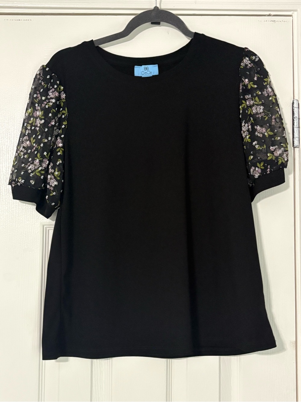 CeCe Black Top with Floral Puff Sleeves